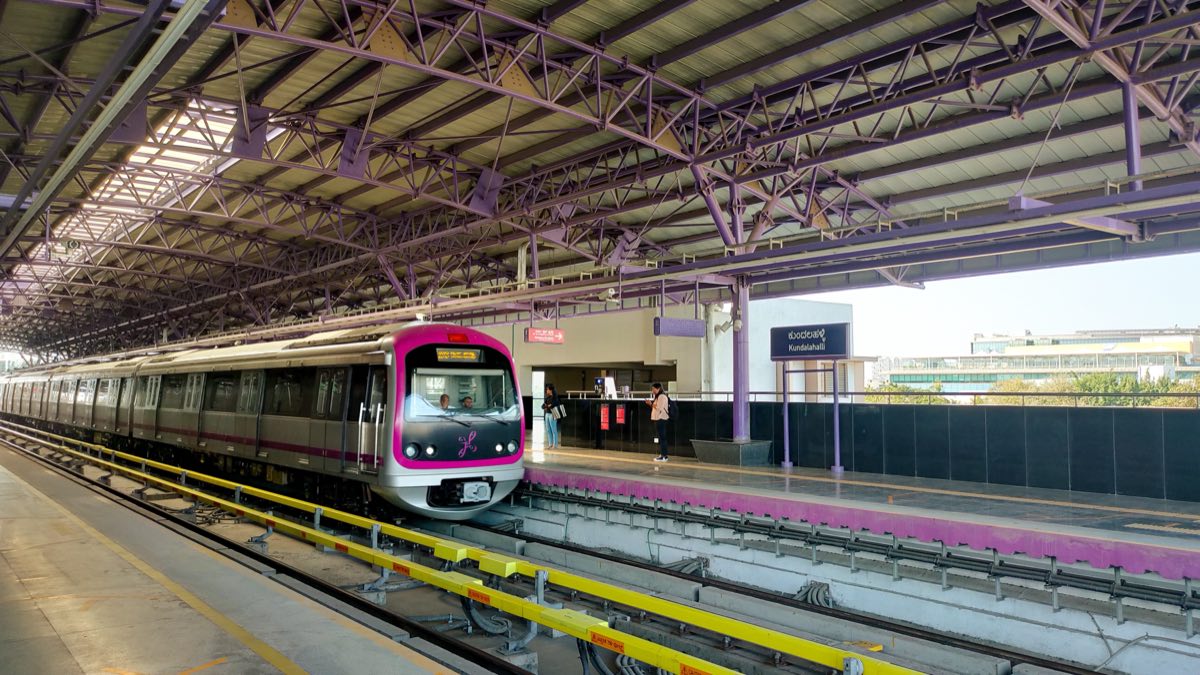 A metro train at a station in Bangalore